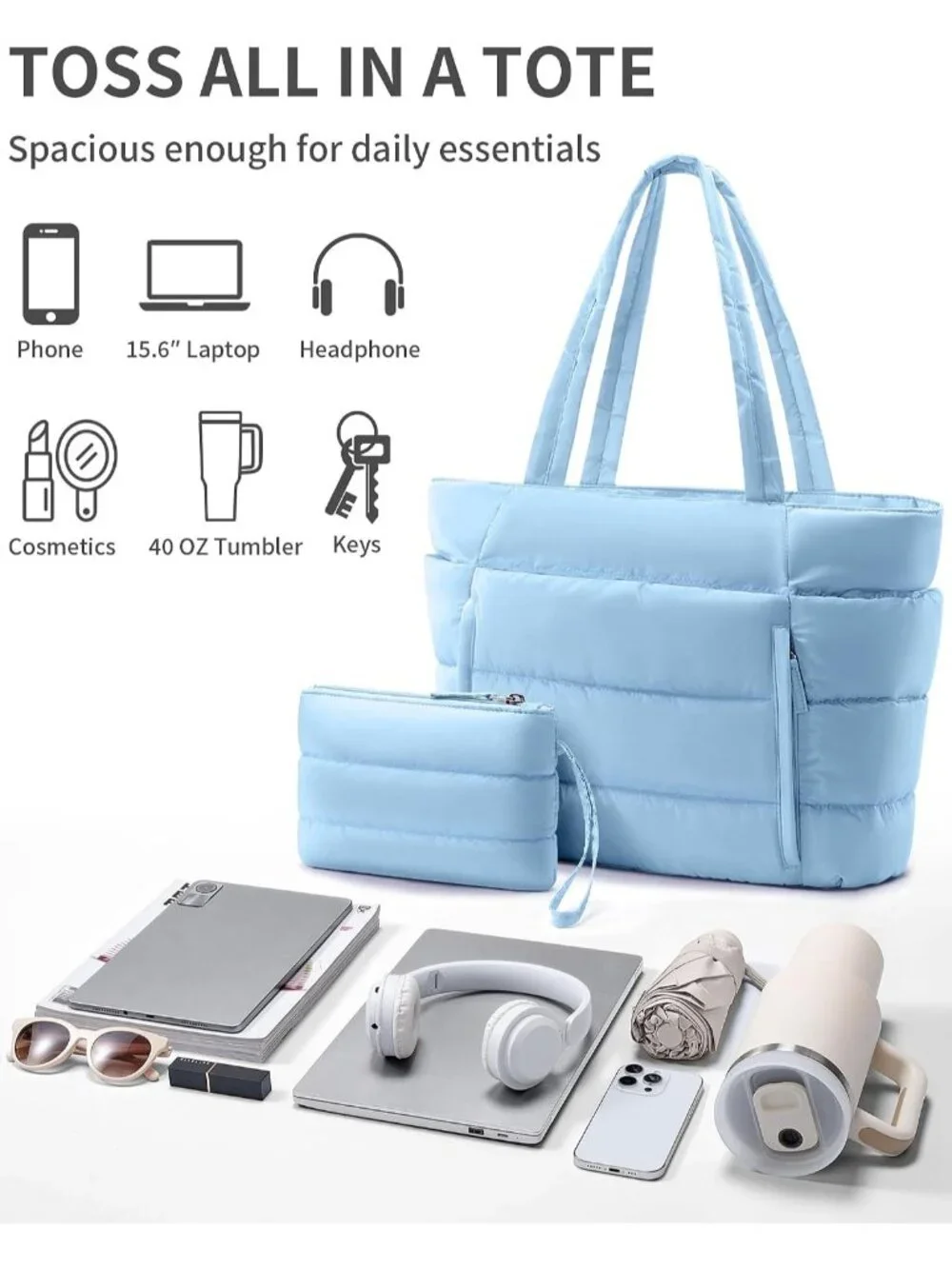 👜Women's Denim Blue Puffer Tote Bag 16 Pockets Work Gym Travel Laptop Handbag